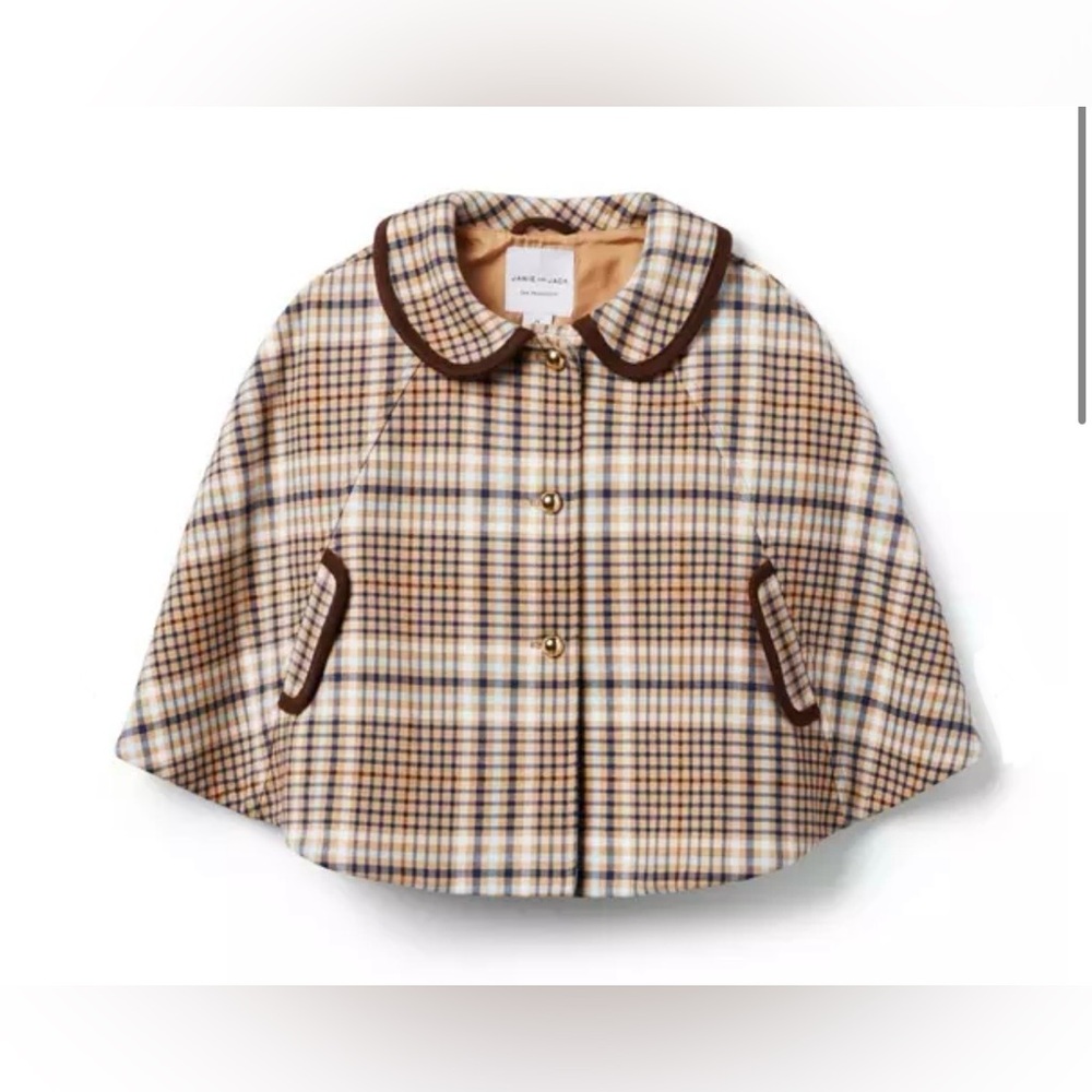 Janie and Jack Girls Size 2T Tan Plaid Cape Brown Velvet Trim Gold Buttons